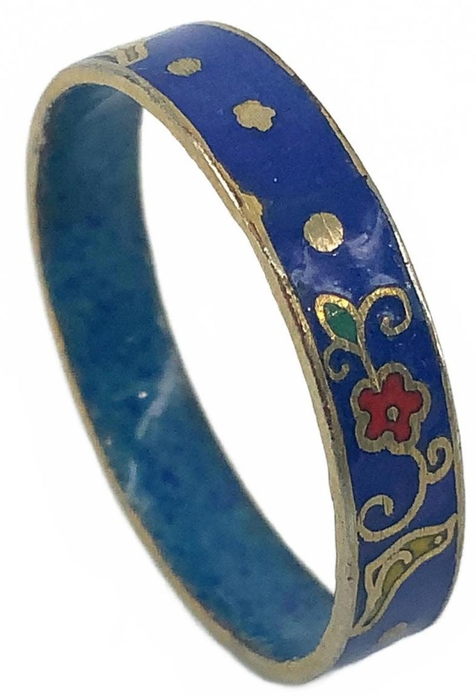 Vintage Cloisonne Enamel Boho Floral Band Ring Blue Gold Tone Size 7.5 Stackable