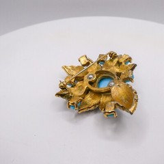 Jomaz Mazer Blue & White Rhinestone Gold Flower 2″ Brooch Pin Signed HTF