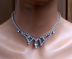 Art Deco clear rhinestone necklace and clip earrings set 1950s