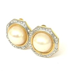 Vintage Faux Pearl Rhinestone Clip On Earrings Silver Tone Octagon Wedding Glam