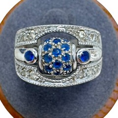 Vintage Silver Tone Blue Rhinestone Wide Spinner Band Ring Size 8