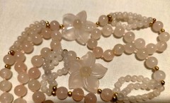 Vintage Pink Rose Quartz Hand Knotted Beaded Necklace With 2 Carved Pink Quartz