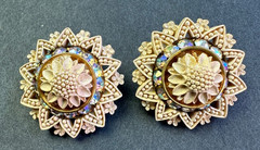 Vintage Cream Color Celluloid Intricate Flower Crystal Rhinestone Clip Earrings