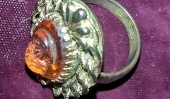 Whiting And Davis Amber Cameo Ring Signed Gold Chain Boarder Vintage 7.5