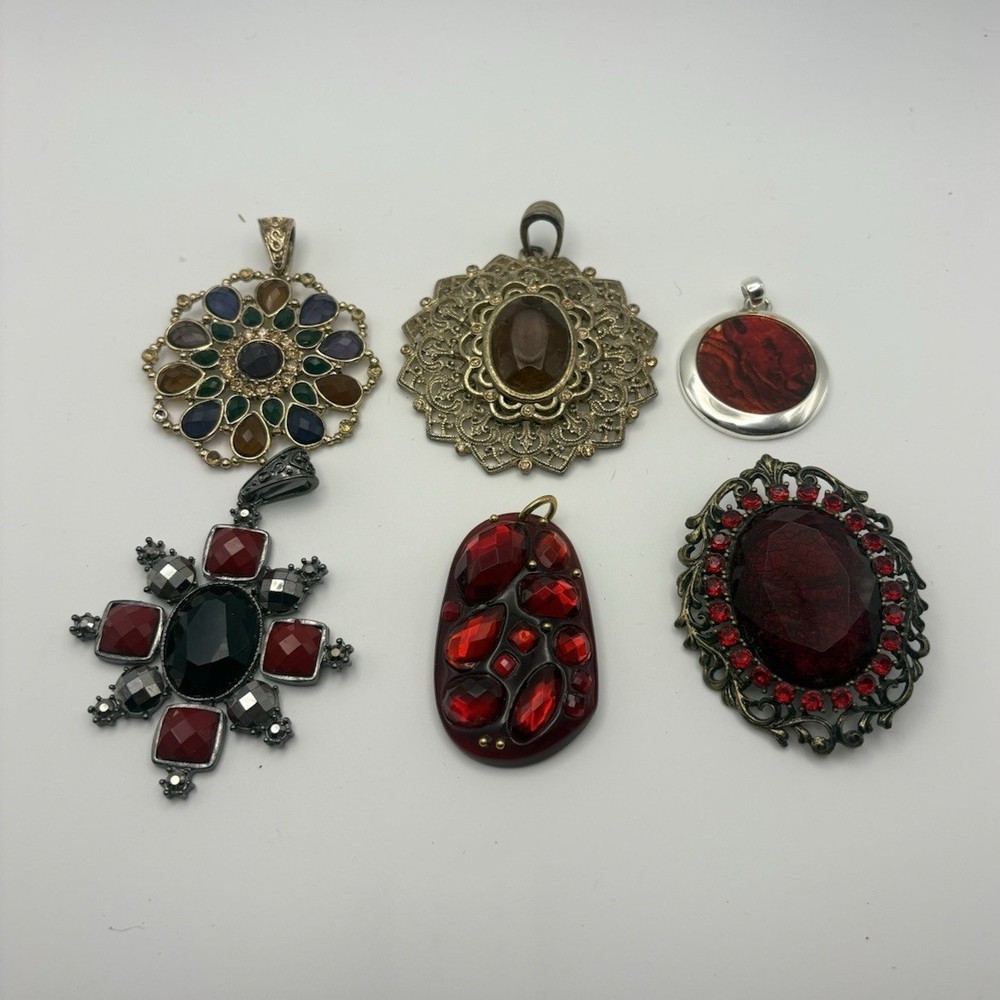 Vintage Multicolor Red Mixed Metals Pendant Lot Glass Stones 6 Pieces