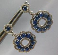 2.94CT DIAMOND & AAA CABOCHON SAPPHIRE 14KT WHITE GOLD FLOWER HANGING EARRINGS