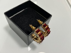 VINTAGE CHRISTIAN DIOR RUBY STONE HALF HOOP GOLD TONE PIERCED EARRINGS