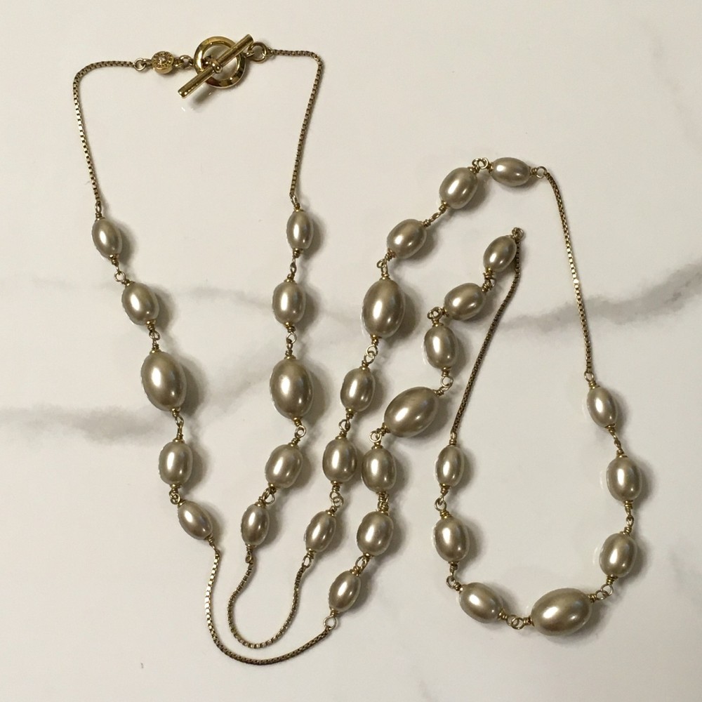 Vintage Monet Long Faux Pearl Station Bead Necklace Toggle Clasp Signed Layering
