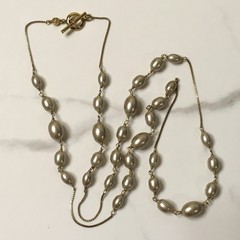 Vintage Monet Long Faux Pearl Station Bead Necklace Toggle Clasp Signed Layering