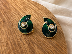 Vintage 1990s Green Enamel & Rhinestone Clip-On Earrings – Faux Bijoux