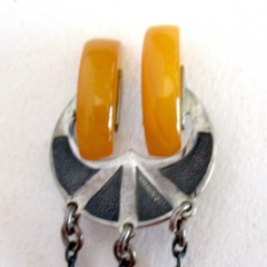 RUSSIA STERLING 875 BROOCH w EGG YOLK AMBER 2 7/8 INCHES