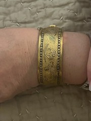 Antique 1930’s Victorian Revival Etched Hinged Bangle Wide Gold tone Bracelet