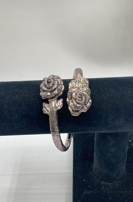 Sterling Silver 925 Double Rose Floral Bypass Bangle Bracelet 6.5″ 21.7g