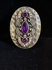 Antique Victorian Style Pendant And Earrings In Hammered Gold Tone Rhinestones