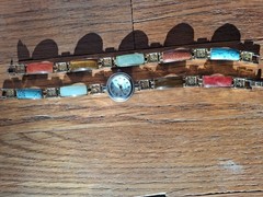 Vtg Multi Stone Inlay Panel Watch (works) Bracelet Set Chinese Symbol Good Luck