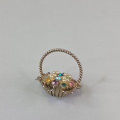 Vintage Flower Basket Pendant Multicolor Rhinestones Faux Pearls Rope Handle
