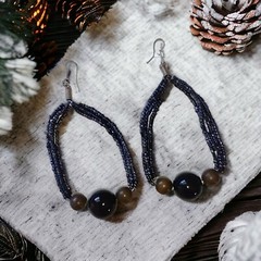 Beaded Hoop Earrings Black Dangle Large Metallic Bohemian Lightweight Vtg Witchy