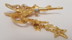 KIRK’S FOLLY Fairy Godmother Brooch Crystal Orb Large Gold Tone Wings Vtg 3-1/2″