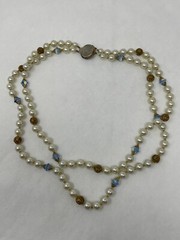 VINTAGE FAUX PEARL & GOLDTONE METAL FILIGREE ROUND BEADS 2 STRANDS NECKLACE