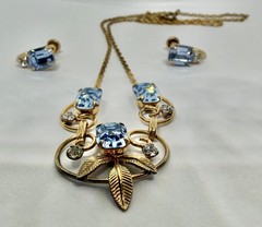 Vintage MCM Van Dell Gold Filled Blue Rectangle Crystal Necklace & Earrings Set