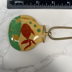 Vintage Cloisonne Fishbowl Pendant Vibrant Enamel Red Fish & Yellow Green Accent