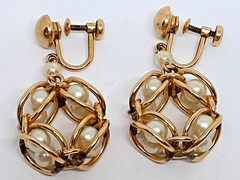 Vintage 1/20 12K GF Chainmail Pearl Screw-back 2 Inch Drop Dangle Earrings