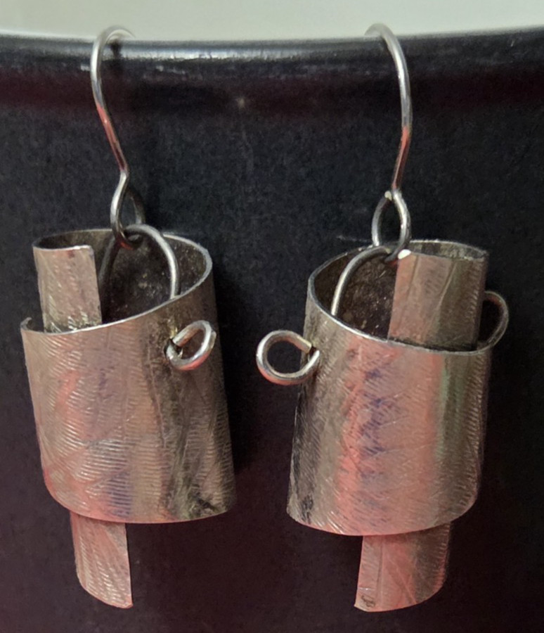 Sterling Silver Hammered Texture Dangle Earrings Cylindrical Unique 1 3/4″ ~ 10g