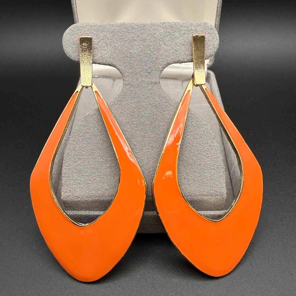 Vintage Gold Tone Orange Enamel Teardrop Drop Earrings Bold Statement Modern Y2K