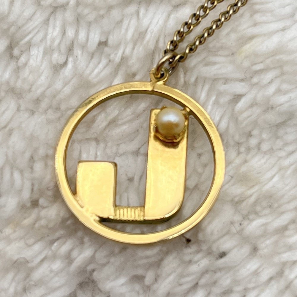 Vintage Monogram Necklace Initial Letter J Pendant Gold Tone Faux Pearl 15″