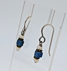 VTG Beaded Dangle Earrings 1in Drop Blue Stone Seed Pearl Silver Tone Estate