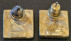 Classic TRIFARI Gold Plated Pierced Earrings Square With Rhinestones .5 Inches