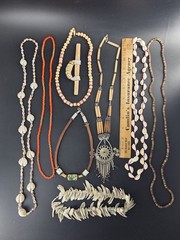 Vintage BOHO Jewelry & Hair Accessory, Lot Of 9 Wood Metal Shells Beads Leather