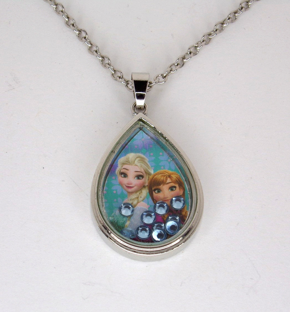 Disney Frozen Elsa & Anna Silver Tone Tear Drop Necklace with Crystals Inside