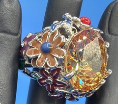 Vintage Floral Cocktail Ring Yellow Faceted Stone Multicolor Enamel Adjustable