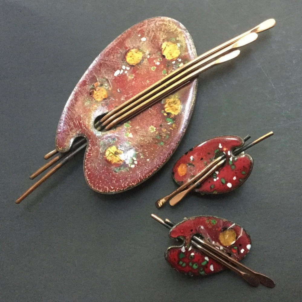 Vintage Matisse Brooch and Earring Set Copper Enamel Painter Palette Art Clip On