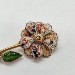 Vintage Enamel Flower Pin Mottled Speckled Rose Gold Tone Stem Green Leaves