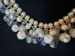 Vintage Filigree Beads Cha Cha Beaded Necklace with Faux Pearls AB Rhinestones