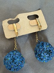 Woman’s 1960’s Earrings Clip Dangling Blue Flower Ball 2 Inch Enamel