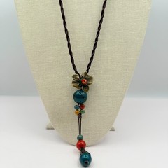 Vintage 90s Flower Pendant Necklace Glass Beads Brown Silk Cord Boho Jewelry