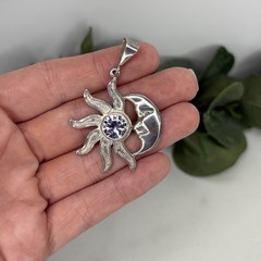 Vintage Mexico Sterling Silver Sun & Crescent Moon Eclipse Pendant Purple Stone