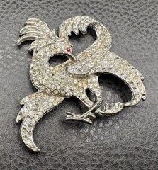 HUGE POT METAL Art Deco Phoenix Gryphon Bird Brooch Silver Tone Rhinestones READ