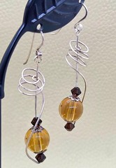 Vtg French Wired Honey Color Glass Bead Silver Dangle Drop Earrings