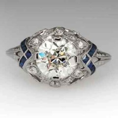 Art Deco Vintage 14K White Gold FN Lab Created Diamond Sapphire Engagement Ring
