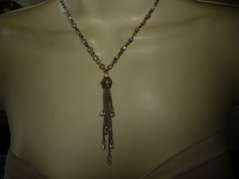 COOKIE LEE SILVER TONE CHAIN W CLEAR CRYSTAL BEADS TASSEL NECKLACE #2/18