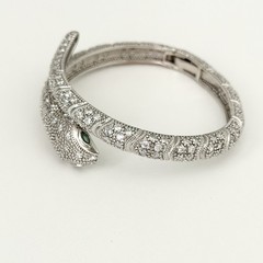 Snake Serpent Bracelet Clear CZ Green Eyed Silver Tone Sparkly Hinged Bangle