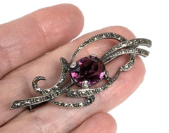 Sterling Silver Antique Edwardian Amethyst & Marcasite Brooch Pin Trombone Clasp