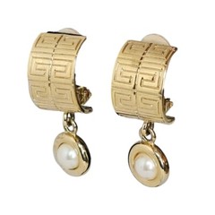Givenchy Clip Earrings Logo 4G Dangle Pearl Gold Runway Signed 80s Vintage