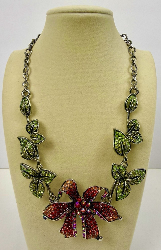 Vintage Kirks Folly Silver Tone Rhinestone Orchid Rhinestone Statement Necklace