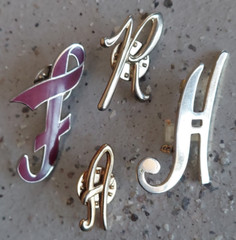 Lot 4 Different Fancy Letter Brooch Pins Pinbacks Letters R F H & A 1” – 1.75″