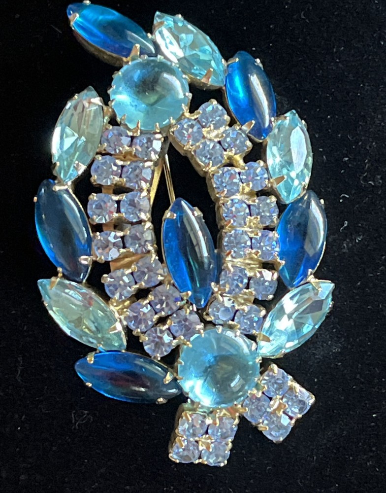 Vintage Blue Glass Cabochon Rhinestone Open Back Gold Tone Brooch Pin Estate